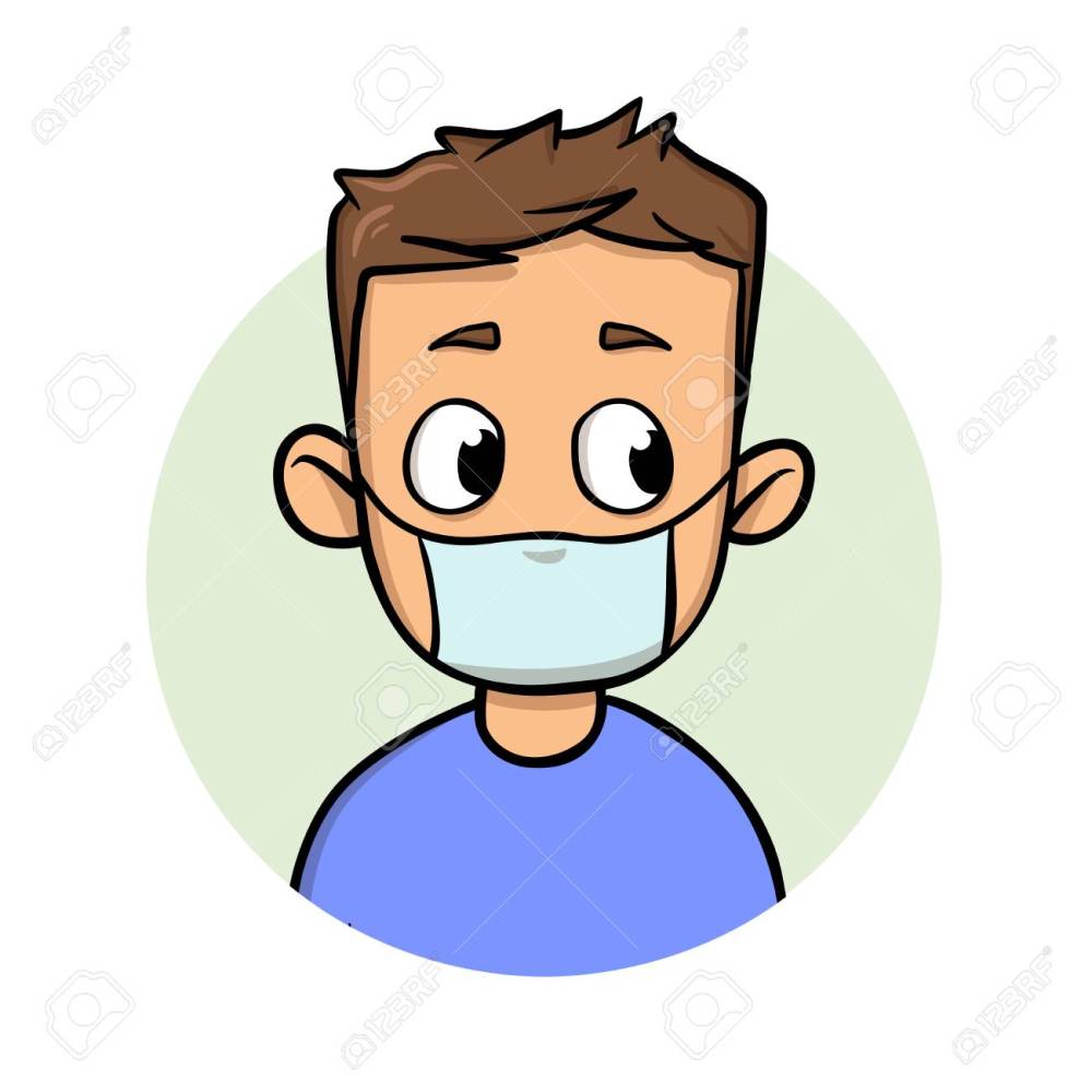 Funny cartoon guy wearing medical mask for respiratory disease protection. Cartoon design icon. Flat vector illustration. Isolated on white background.